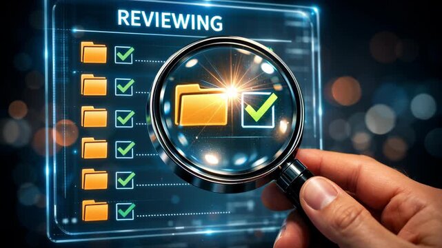 Reviewing digital folder checklist with magnifying glass highlighting compliance governance ethical standards AI development policy legal framework regulation ensuring trust and responsible innovation