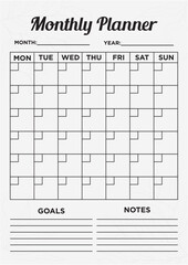Monthly planner template featuring an organized layout with a goals and notes section, perfect for student scheduling, office management, and digital notebook design.