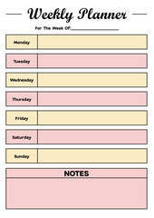 Weekly planner template featuring sections for daily scheduling, notes, and tasks for student planning, office management, and digital notebook designs