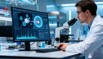 professional scientist analyzing cellular data on computer screen in modern laboratory for medical research perfect for health and world cancer day - Powered by Adobe