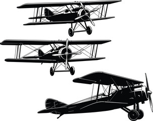 Vintage biplane aircraft illustration set with classic propeller planes in flight and side view, retro aviation and historical airplane design © Asha Creatives