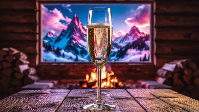 Enjoying a Cozy Scene with Sparkling Champagne Glass by a Warm Fireplace