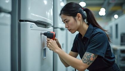 Woman worker assembles fridge detail with power drill tool. Female technician works at appliance manufacturing plant assembly line, fixing refrigerator parts in workshop.