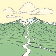 Minimal hand drawn Style mountain landscape with winding river and soft clouds best for nature branding, travel visuals, and background design