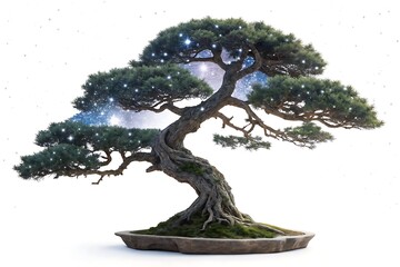A surreal and majestic bonsai tree with a sparkling night sky within its foliage