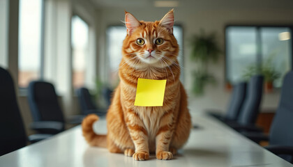 Orange cat sits at office table with yellow note attached to its fur. Workplace animal recognition with funny humorous pet award. Cute staff member reward.