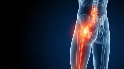 Sciatica, a Medical Illustration of a Transparent Human Body Highlighting Pain in the Sciatic Nerve, Lower Back, Hip, and Leg on a Dark Blue Background