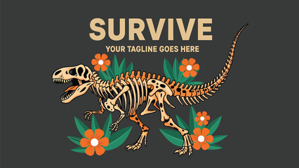 Dinosaur Skeleton Illustration with Floral Accents. © KMB