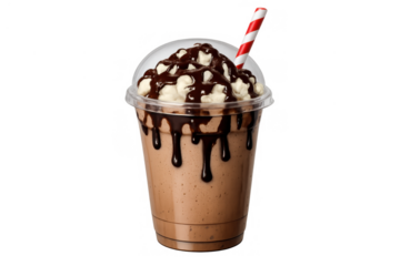 Chocolate milkshake with whipped cream and syrup in a plastic cup, a refreshing cold drink for takeaway, transparent background