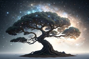 A magnificent tree of life stands beneath a cosmic sky filled with stars and nebulae