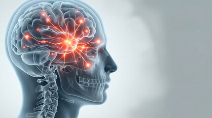 Human Brain with Glowing Neural Activity, Illustrating Complex Thought and Connections, against a Clean, Scientific Background