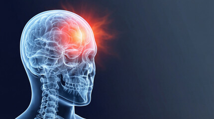 Brain Pain, a transparent human skull and brain showing a glowing red area of intense pain, a detailed medical illustration on a dark blue background.