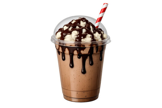Chocolate milkshake with whipped cream and syrup in a plastic cup, a refreshing cold drink for takeaway, transparent background