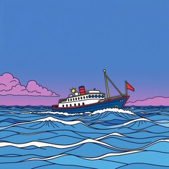 Colorful passenger ship sailing across dynamic ocean waves at sunset best for travel marketing, nautical design, and editorial illustration