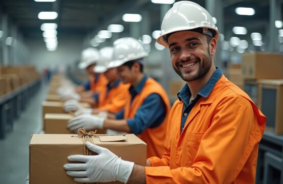 Smiling man in hard hat works on assembly line with colleagues. People pack boxes for shipment in warehouse. Teamwork creates efficiency in factory operation.