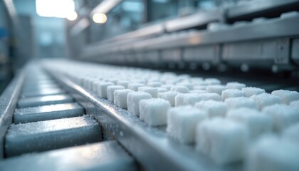 Obraz premium Rows of white sugar cubes move along an industrial conveyor belt inside a food manufacturing plant. Automated machinery processes sweet product in a large facility. Close up on production line.
