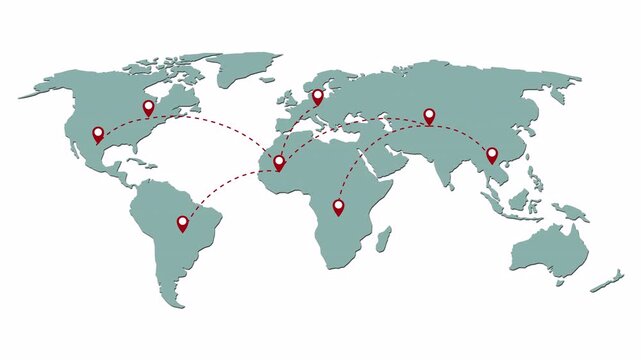 Animation of abstract map of the world with pins indicating locations on white background. Global network and travel connection concept animation video