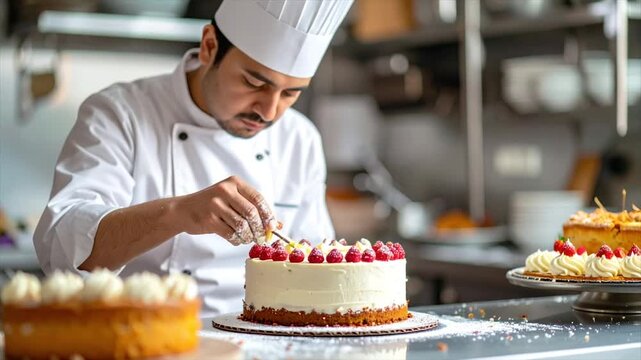 A chef in a white uniform decorates a layered cake with raspberries and cream