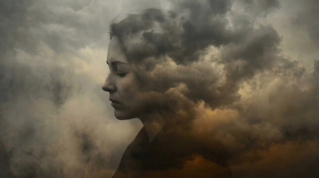 A Young Woman Lost in Misty Clouds, Visually Representing Depression, Mental Health Struggles, and the Overwhelming Feeling of Addiction