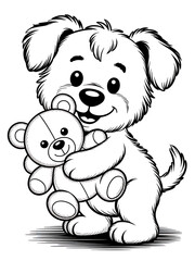 Obraz premium Cute Puppy and Toy Bear Coloring Page – Friendly Cartoon Character Illustration for Kids