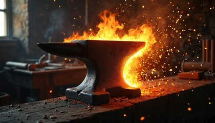 A blacksmiths anvil glows with intense heat from a roaring fire. Sparks fly as metal is worked in a traditional forge. This scene captures raw power and creation in a workshop.