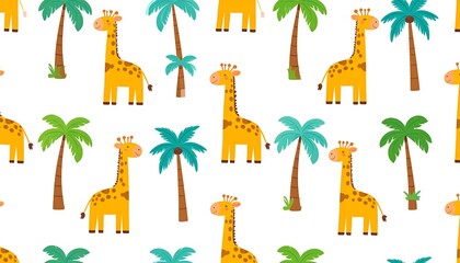 Whimsical repeated pattern featuring tall giraffes with spots and vibrant palm trees, creating a playful tropical design