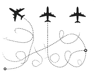 Three airplane silhouettes with dashed flight paths against a white background
