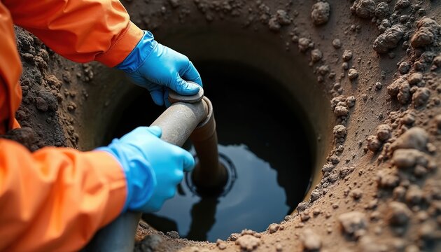 Worker in orange suit blue gloves inserts hose into cesspool for pumping out waste liquid. Dirt surrounds open pit. Service worker removes fluid from hole.