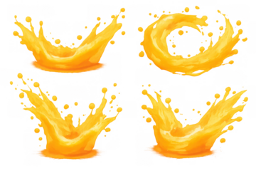 Fresh orange juice splash and swirl set, creating dynamic liquid crowns with flying drops and a transparent background