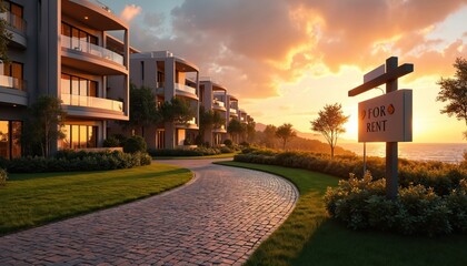 Modern apartments for rent with ocean views. Buildings feature balconies and large windows. Scenic drive leads to residences. Sunset illuminates the sky with warm colors.