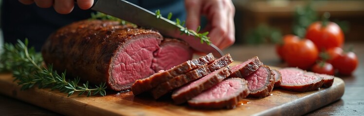Person slices juicy roast beef on wooden board. Red meat is pink inside with brown crust. Rosemary sprigs garnish dish. Tomatoes in background ready for meal.
