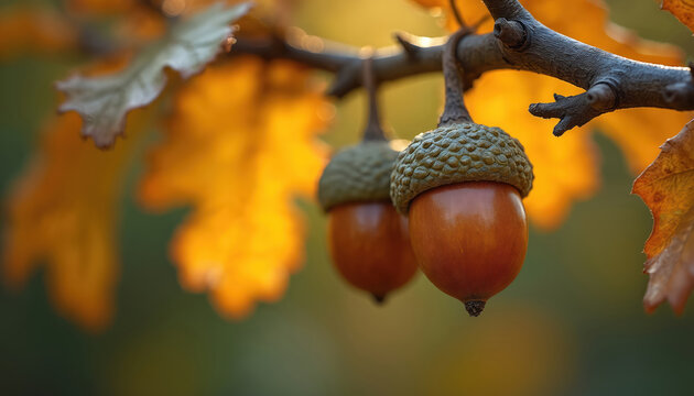Two acorns hang from an oak tree branch. Bright yellow leaves create a warm autumn background. Nature shows its seed potential. This scene is peaceful.