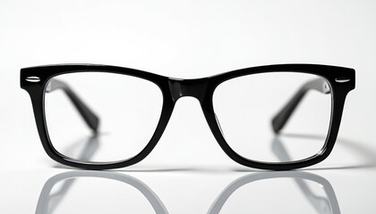 Black thick framed eyeglasses with clear lenses sit on white reflective surface. Simple fashion accessory for vision correction or style statement. Unisex optical eyewear.