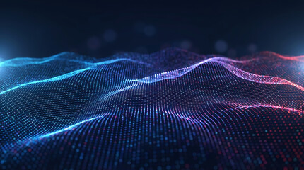 Abstract digital landscape of glowing dots and wave particles in blue and red colors representing big data visualization and futuristic cyber space background connectivity