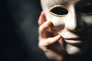 Close-up of a human hand holding a smiling theatrical mask symbolizing hidden sadness and emotional duality