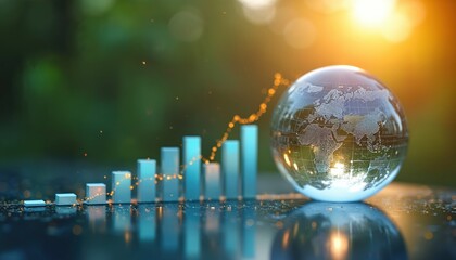 Glass globe near blue bar chart with upward trending line graph. Light flares on background plants. Worldwide economic growth data visualization.