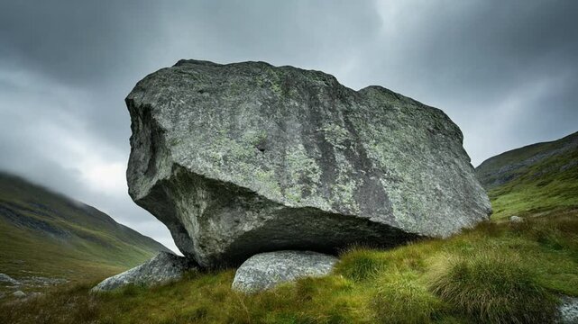 A large, rugged glacial erratic boulder rests heavily on a vibrant green, grassy slope in the comeragh mountains, captured with a dramatic wide-angle perspective under a moody gray sky.