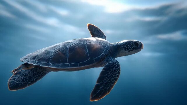 Sea turtle ocean underwater marine wildlife nature blue swimming aquatic serene animal creature glides gracefully deep clear blue ocean peaceful aquatic scene with gentle light rays and soft graceful