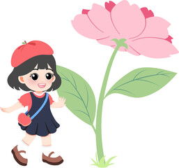 A young girl in a red hat walks towards a large pink flower with green leaves