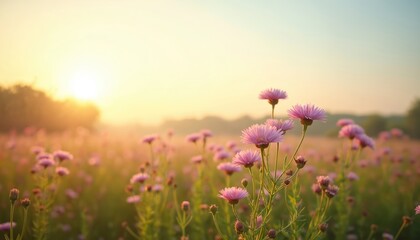 Fototapeta premium Pink flowers bloom in meadow during sunrise, soft golden light illuminates landscape. Nature awakens with gentle warmth, symbolizing growth and peaceful renewal.