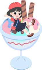 A cartoon girl enjoys a sweet treat in a large dessert bowl with ice cream and cookies