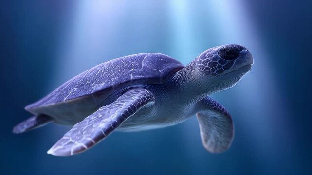 Graceful sea turtle underwater ocean marine wildlife swimming calmly deep blue aquatic nature, animal gliding through clear water with sunlight beams highlighting shell pattern and serene underwater