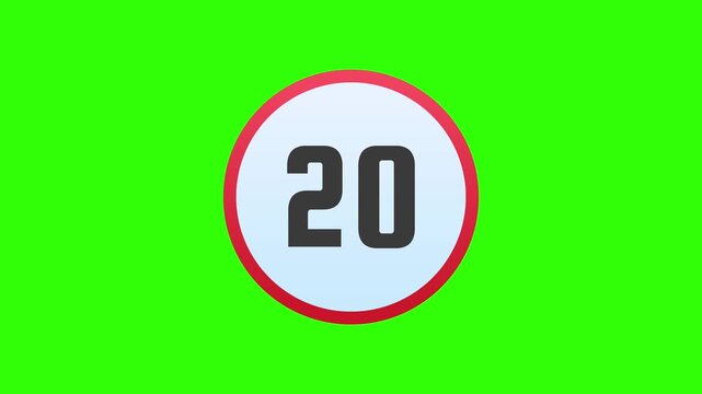 speed limit sign showing twenty kilometers per hour with red border glitching on green screen background. This animated traffic symbol is great for chroma key video editing.