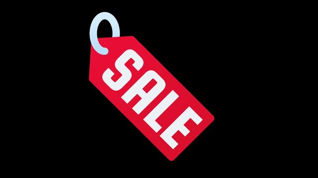 sale tag with white text plus blue ring swinging on black background. This retail price label illustrates discount offer, commercial promotion and shopping clearance deal.