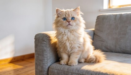 Adorable fluffy cat with striking blue eyes resting on a cozy sofa