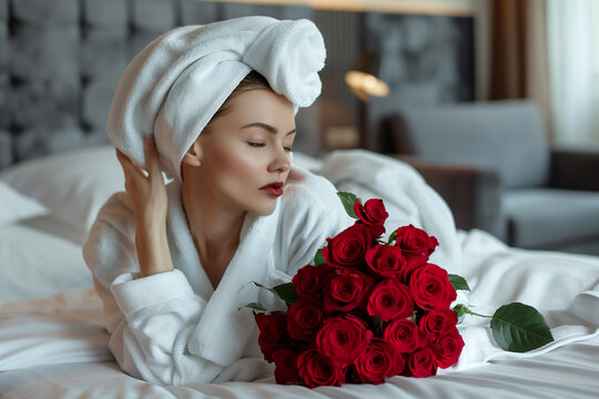  A woman in a white robe gently holds red roses in a hotel room