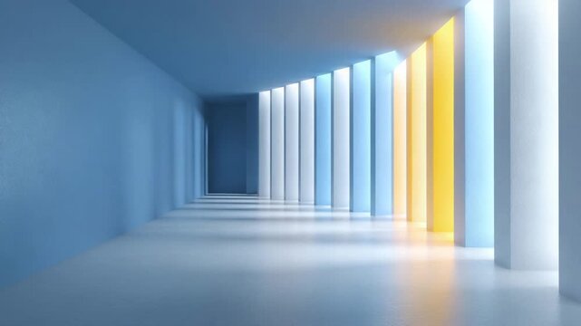 Abstract architecture blue wall yellow wall corridor modern interior minimal design light shadow geometric pattern perspective symmetry minimalist interior blue corridor empty room white floor column