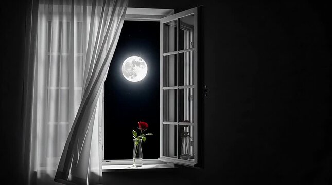 Romantic moonlit night with red rose by open window