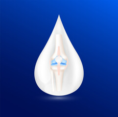 Joint knee in milk drop on blue background. Nutrients calcium minerals vitamin D and amino acids essential bone health. For products design supplement food. 3D Vector EPS10.