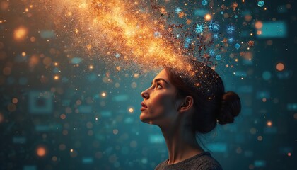 Young woman looks up as information particles burst from head. Digital data, social media and news overload cause mental exhaustion and anxiety. Brain overwhelmed by excess content and stimulation.